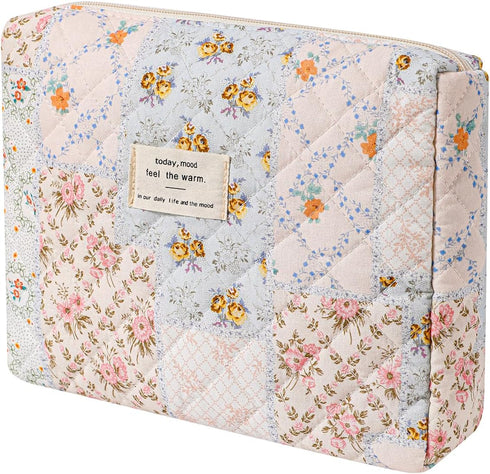 Quilted Cotton Makeup Bag, Coquette Floral Toiletry Bag for Women and Girls, Cute Kawaii Travel Cosmetic Pouch (03 Pink