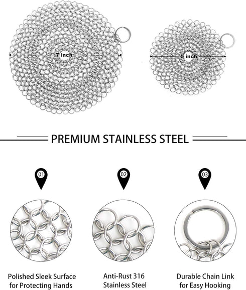 Cast Iron Skillet Cleaner Chainmail, 2 Pack Premium Stainless Steel Scrubber for Pans and Glassware