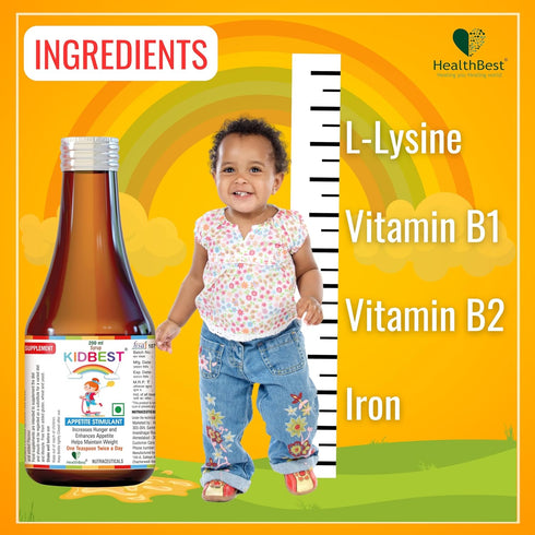 Kidbest Appetite Stimulant Syrup, 200 ml, for Kids 3-13 Yrs, Gluten Free, L-Lysine HCI, Vitamins B1, B2, B6, B12
