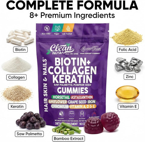 Gummies Horsetail 90 Count GrowVana Hair Growth for Women Biotin Collagen Keratin Saw Palmetto Astaxanthin Iron Zinc