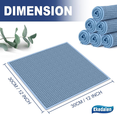 Waffle Weave Microfiber Cleaning Cloth, Absorbent Quick Drying Dust Rags for Car Interior, 6 Pack, Blue