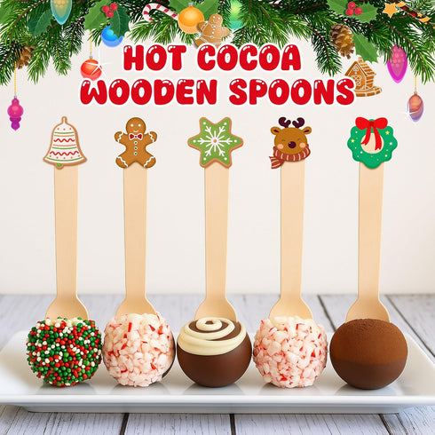 RunNico 40 5.6'' 20 Pcs Christmas Hot Chocolate Wooden Spoons, Christmas Disposable Stirring Spoons with Styles Top