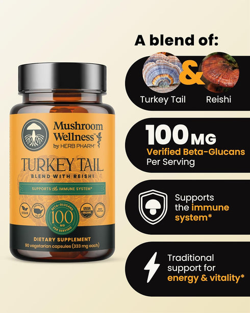 Immune, 90 Mushroom Wellness Turkey Tail Blend with Reishi: Organic Turkey Tail & Reishi Mushroom Capsules, Mushroom