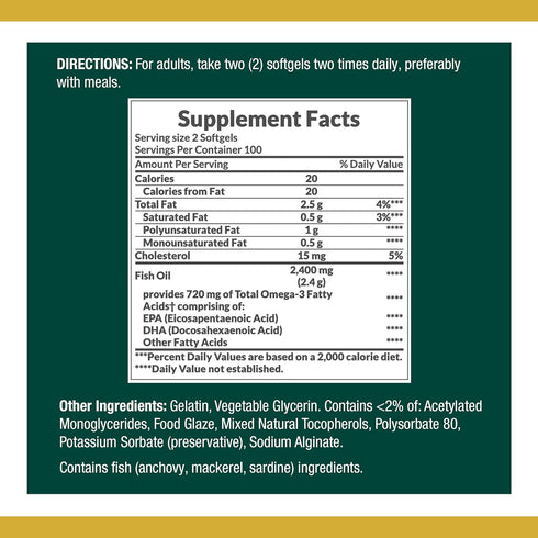Nature's Bounty Fish Oil Dietary Supplement - 360mg Omega-3, Supports Heart Health, 1200mg, 200 Softgels (Pack of 2)