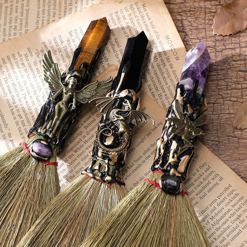 RENEMEGO Witch Broom Witchcraft Supplies - Altar Supplies with Tiger Eye Stone Wiccan Stuff Goddess Magic Broomstick