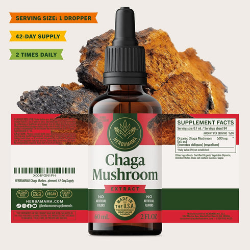 Immune Immunity 42-Day HERBAMAMA Chaga Mushroom Tincture - Vegan Support & Defense with Chaga Mushroom Extract Drops