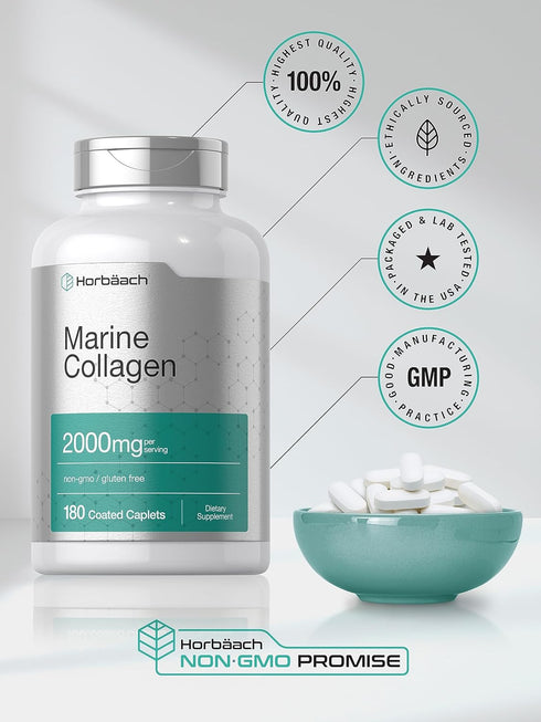 Horbaeach Marine Collagen Peptides 2000mg - 180 Caplet Capsules with Calcium, Non-GMO, Gluten Free Supplement