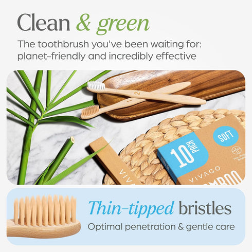 Bamboo Toothbrushes 10 Pack - BPA Free Soft Bristles Toothbrushes for Adults, Eco-Friendly, Biodegradable & Compostable Natural Wooden Toothbrush