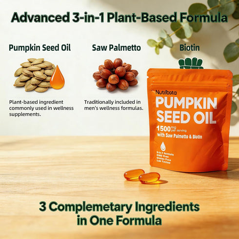 Nutribota 1500 3-in-1 Pumpkin Seed Oil Supplement mg per Serving with Saw Palmetto & Biotin, Advanced Plant-Based Mens