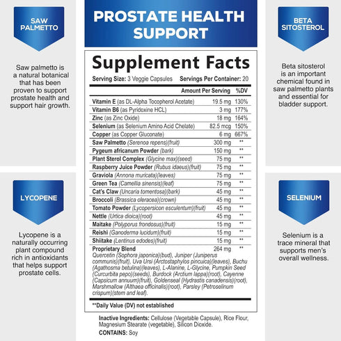 Prostate Supplements for Men - Support Supplement Complex with Saw Palmetto, Beta Sitosterol, Stinging Nettle, Pumpkin Seed, Lycopene, Vitamin B6 E - Supports Prostate & Urinary Health - 60 Capsules