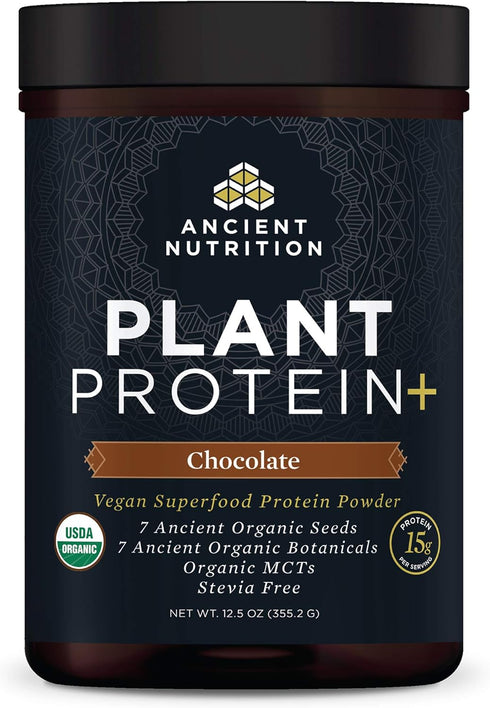Ancient Nutrition Plant Protein+ Powder, Organic Vegan Superfoods Supplement, Chocolate, 15g Protein, Gluten Free, 12