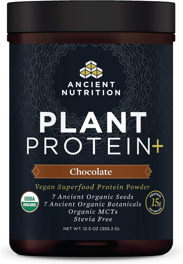 Ancient Nutrition Plant Protein+ Powder, Organic Vegan Superfoods Supplement, Chocolate, 15g Protein, Gluten Free, 12
