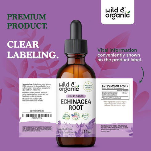 Echinacea Drops - Organic Tincture, Echinacea Root Supplement, Vegan, Alcohol Free - 2 fl oz