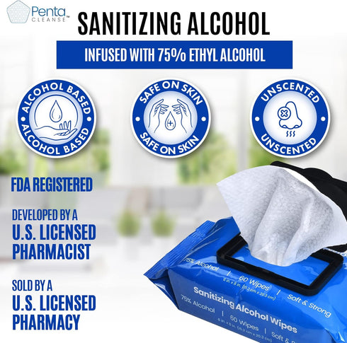PentaCleanse 75% Package, 6 8 Inch (15.2 20.3 cm), 4 Pack (240 Advanced Alcohol Hand Wipes - Sanitizing, Cleaning, FDA