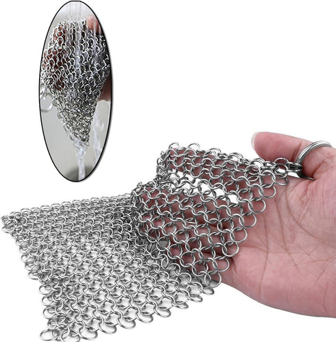 Cast Iron Scrubber Chainmail Link Scraper 8"x6" - 316 Stainless Steel Skillet Cleaner for Pans & Grills
