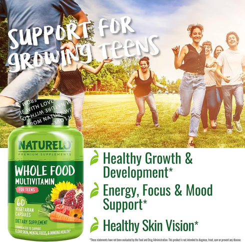 NATURELO Teen Multivitamin - Whole Food Multivitamin with Minerals for Active Kids, Non-GMO, Vegan & Vegetarian, 60