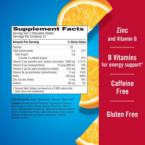 Immune+ 1000mg Immune Immunity, 42 Count Emergen-C Chewables Vitamin C with Vitamin D Tablet, Support Dietary