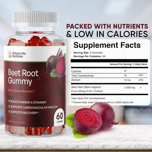 Organic Beet Root Gummies - Nitric Oxide Booster for Men & Women, Organic Non-GMO Gluten Free - 60CT