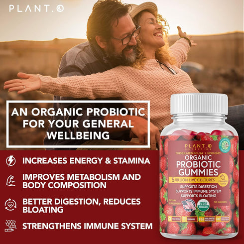 Plant.O Organic Probiotic Gummies - 30 Chewable Probiotics, 5 Billion CFUs, Strawberry Flavor for Digestion & Immune