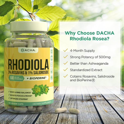 Natural Rhodiola Rosea Supplement, 120 CAPS 500mg, Mood and Focus Support, Bioperine Enhanced Absorption