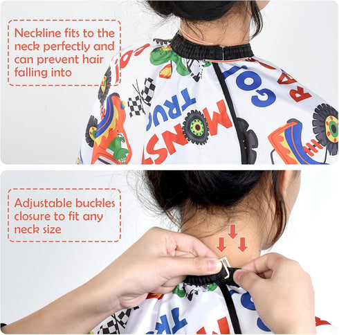Kids Haircut Cape Waterproof, Unisex Barber Cape with Adjustable Neckline, 51 x 36 Inch Cartoon Truck Design