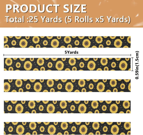 YKZEYK 1/2" 25 Ribbon for Gift Wrapping Floral Sunflowers Dots Black Pattern Fabric Ribbon Yards, Gift Wrap Ribbons