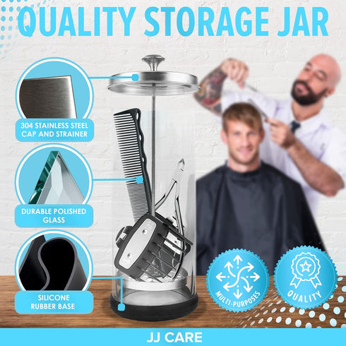 JJ CARE Disinfectant Jar (35oz), Barber Jar Glass, Implement Disinfectant Container with Stainless Steel Removable
