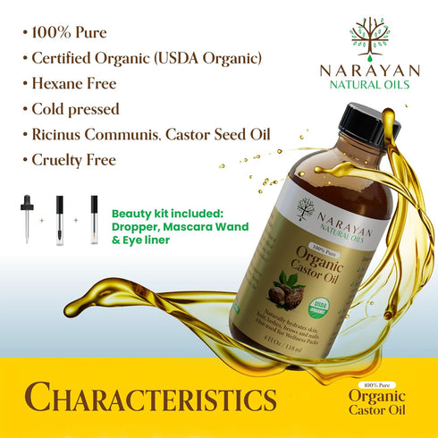 Narayan Organic Castor Oil (4 Fl Oz Glass Bottle), USDA Certified Natural Cold Pressed for Hair Growth and Skin