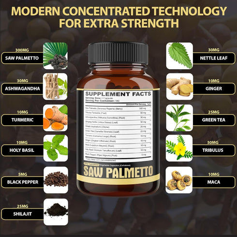 11in1 Saw Palmetto Capsules with Ashwagandha, Turmeric, Tribulus, Maca & More - 180 Count Healthy Prostate & Hair
