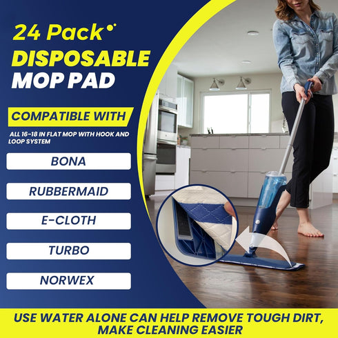 18 Inch Microfiber Disposable Mop Pad, 24 Pack for 16-18'' Hook & Loop System Mop, Compatible with Bona