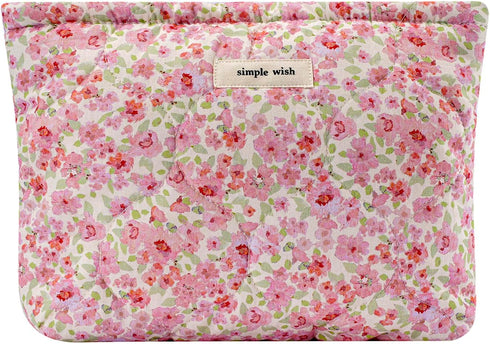 Quilted Floral Cotton Makeup Pouch, Coquette Cosmetic Bag for Women and Girls, Aesthetic Organizer Bag (01 Pink Little