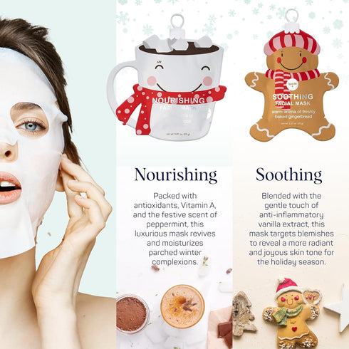 SpaLife Holiday Treats Facial Masks 12-Pack - Festive Christmas Skincare for Soothing and Nourishing