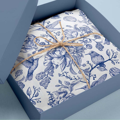 Whaline 100 Sheets Blue White Floral Tissue Paper, Chinoiserie Flower Bird Gift Wrapping Paper for Weddings and Parties
