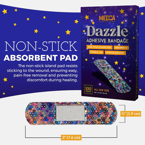 Glitter Bandages for Kids - 100 Count Box of Adhesive Strips with Colorful Glitter Design for First Aid