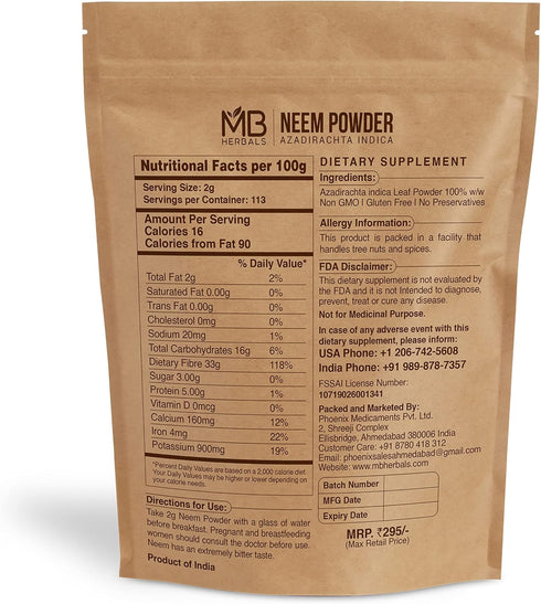 MB Herbals Pure Neem Powder, 8 oz | 227 Gram / 0.5 LB Wild-Crafted Neem Leaf Supplement for Skin and Hair