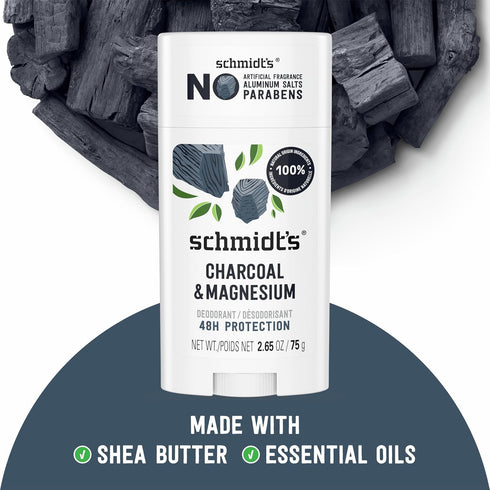 Schmidt's Aluminum-Free Vegan Deodorant Charcoal & Magnesium, 2.65 oz, Natural Ingredients