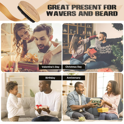 Wave Brush for Men with 100% Natural Beech Wood & Black Boar Hair Bristle, Soft Hairbrush for Beards