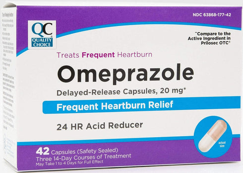 Quality Choice Omeprazole Delayed Release Acid Reducer Capsules, 20mg, 42 Count for Frequent Heartburn