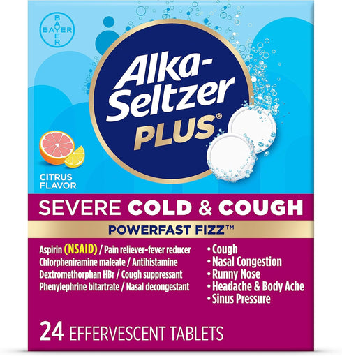 ALKA-SELTZER PLUS Severe Cold & Cough Medicine - PowerFast Fizz Citrus Effervescent Tablets, Fast Relief, 24 Count
