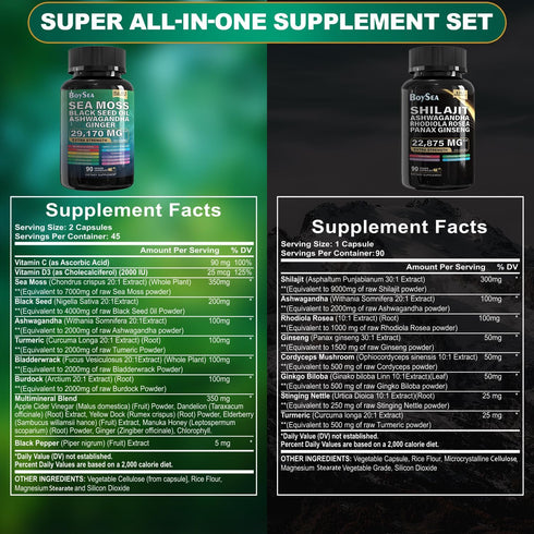 Boysea Sea Moss and Shilajit Bundle - 90 Count with Sea Moss, Black Seed Oil, Ashwagandha, and More