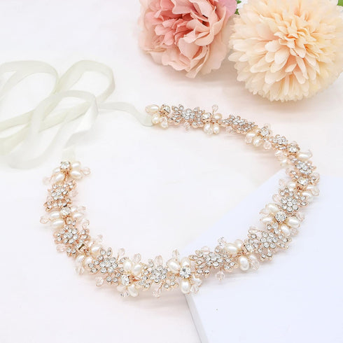 Oriamour Bridal Headpiece, Flower Design Wedding Headband Hair Accessories (Rose Gold)
