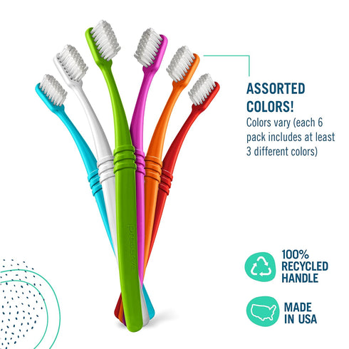 Preserve Eco Friendly Adult Toothbrushes - Made in The USA from Recycled Plastic, 6 Pack, Colors Vary