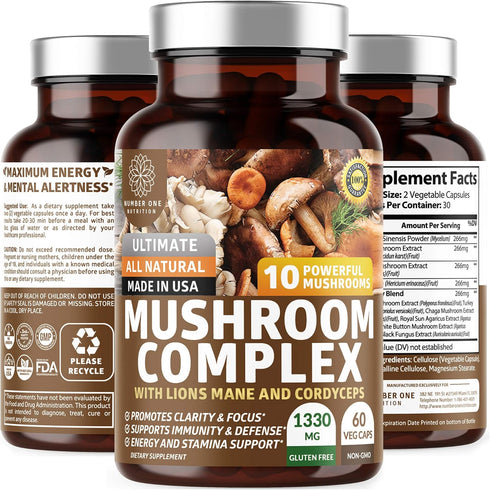 N1N Premium Mushroom Complex with Reishi, Lions Mane, Cordyceps, 60 Veg Caps for Health