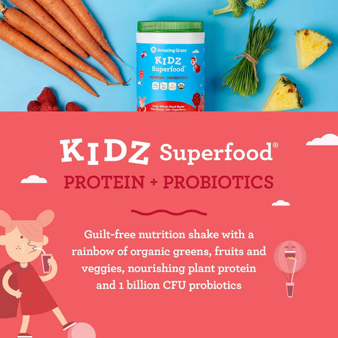 Amazing Grass Kidz Superfood | Vegan Protein & Probiotics for Kids | Strawberry Blast | 15 Servings with Beet Root