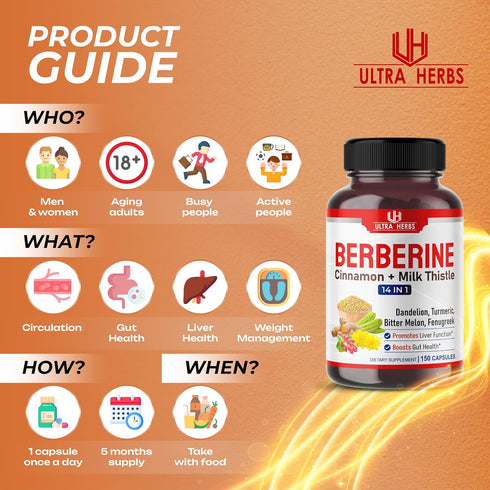 Premium Berberine 12,200MG with Cinnamon, Milk Thistle, USA Made, Promotes Liver Function, Gut Health (150 Count)