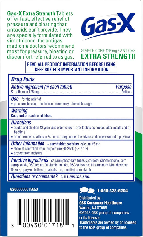 Gas-X Extra Strength Chewable Gas Relief Tablets, Simethicone 125 mg, Peppermint Creme, 18 Count