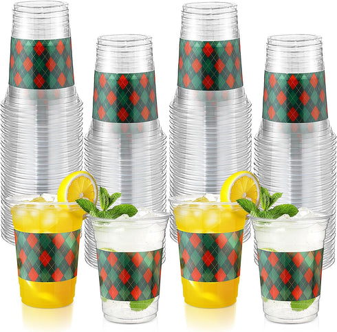 Tiangrid 100 Pack Red and Green Plaid Plastic Cups 16 oz Disposable Checkered