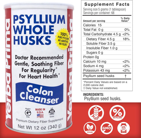 Yerba Prima Psyllium Husk, 12 Ounce (Pack of 2) - Natural Colon Cleanser Fiber Supplement for Gut Health