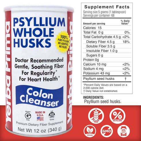 Yerba Prima Psyllium Husk, 12 Ounce - Whole Husk Fiber Supplement, Vegan, Gluten Free