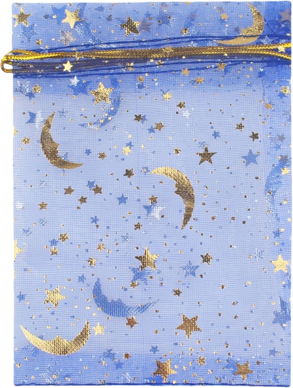 100 Pack 7x9 Inch Moon Star Organza Jewelry Gift Pouch, Drawstring Wedding Favor Bags, Royal Blue